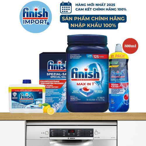 Combo 4 món: Hộp 125 viên Finish MAX in 1 Ultimate + Muối Finish 1,2kg + Nước bóng Finish 800ml + Vệ sinh máy Finish 250ml